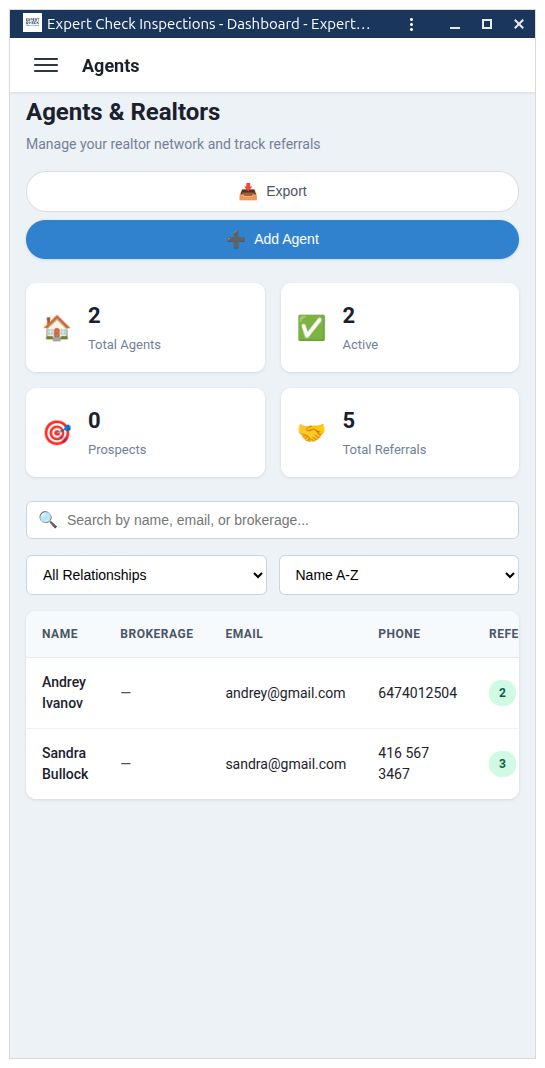 Real estate agent portal dashboard for viewing shared inspection reports