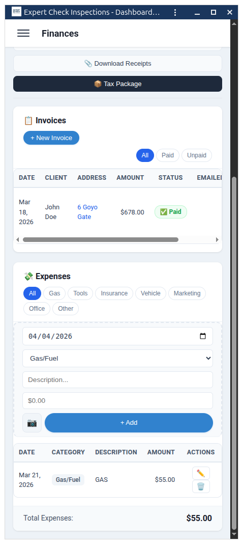Expense tracker with receipt upload for logging inspection business costs