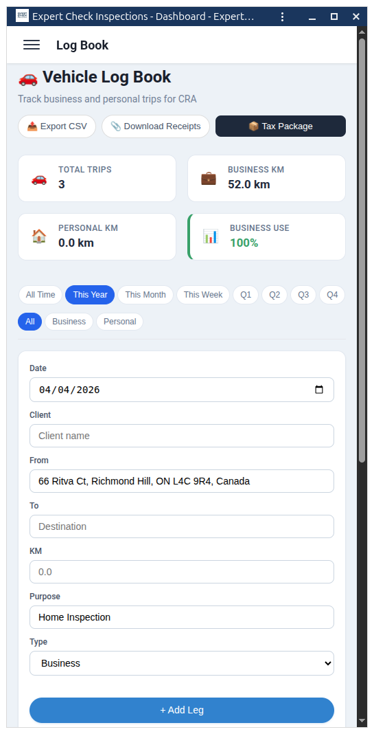 Inspection log book dashboard for tracking completed and upcoming inspections