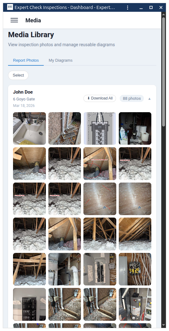 Media browser dashboard for managing all uploaded inspection photos and documents