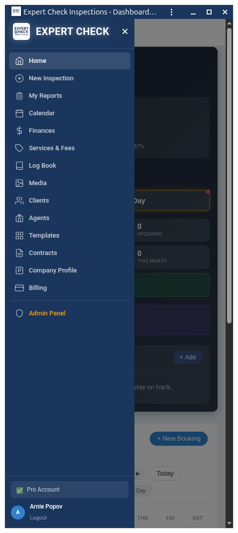 Navigation menu showing all Expert Check dashboard features and tools